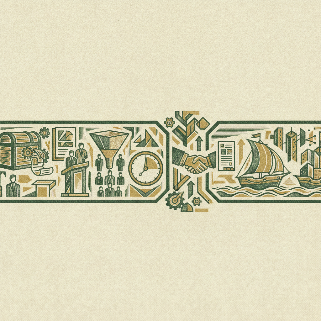 A carved panoramic frieze of the fundraising journey from a prepared data room to a signed term sheet and a ship sailing steadily onward.