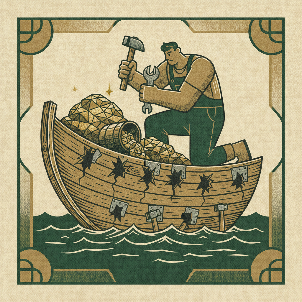 A founder patching seven leaks in a vessel as a reservoir of coins refills, showing a thirty day working capital recovery plan.
