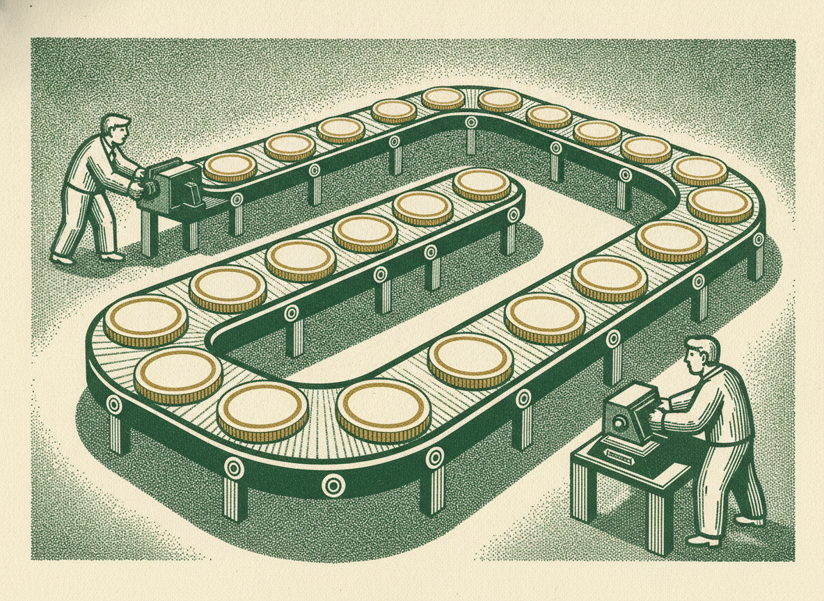 A looping conveyor carrying blank coins as a recurring revenue engine.