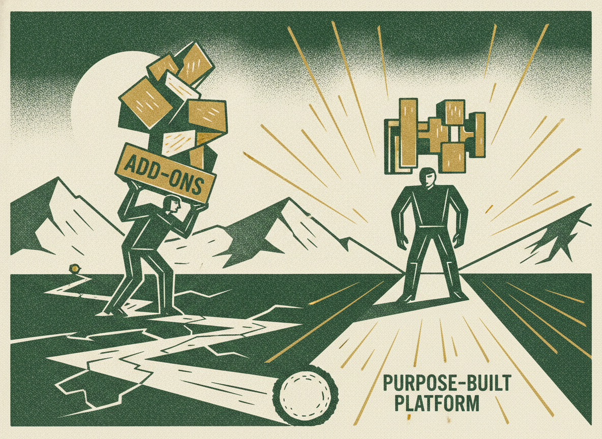 Woodcut illustration representing two paths: add-ons vs purpose-built platforms.