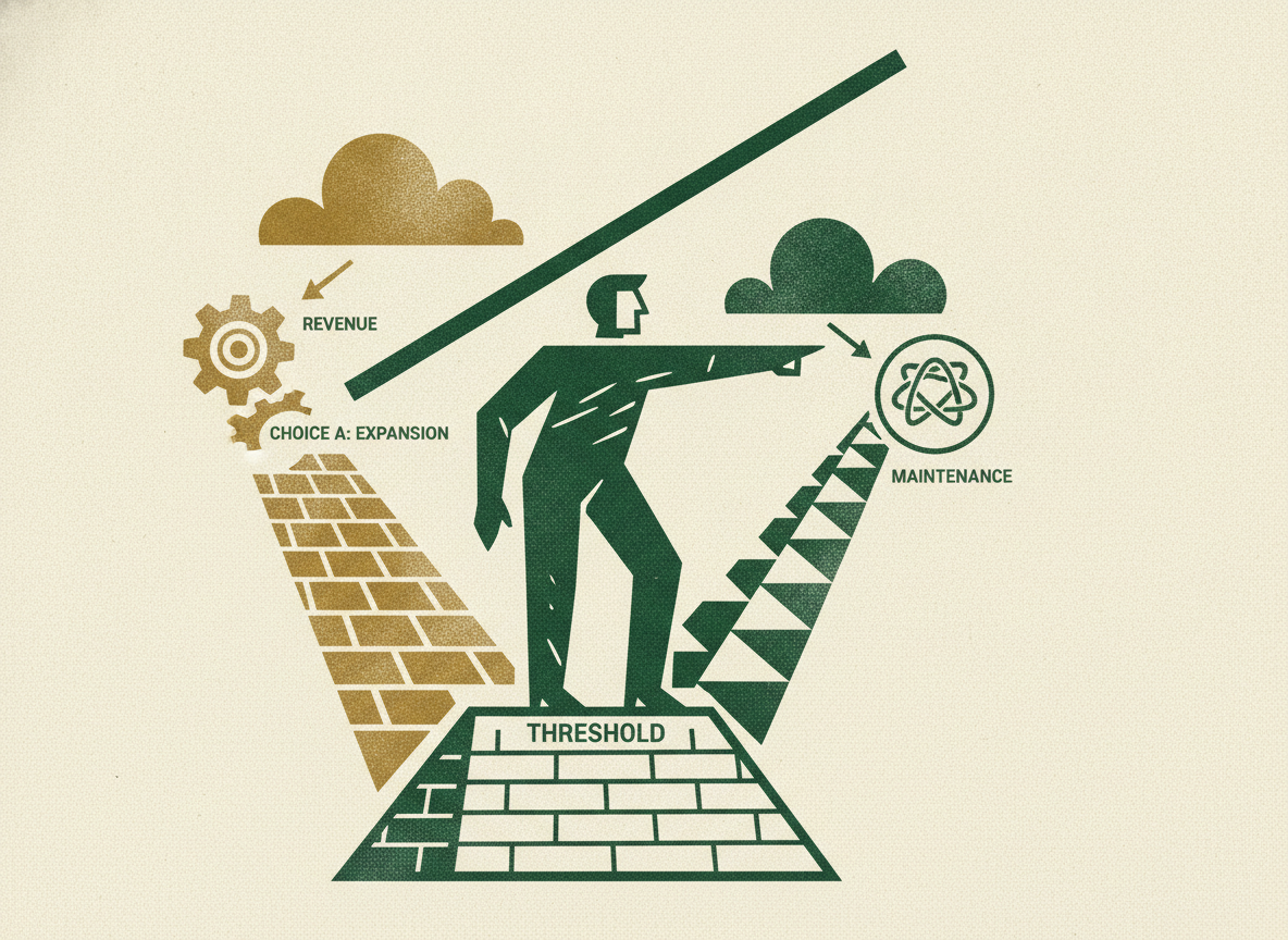 Woodcut illustration representing the revenue thresholds that guide the choice.