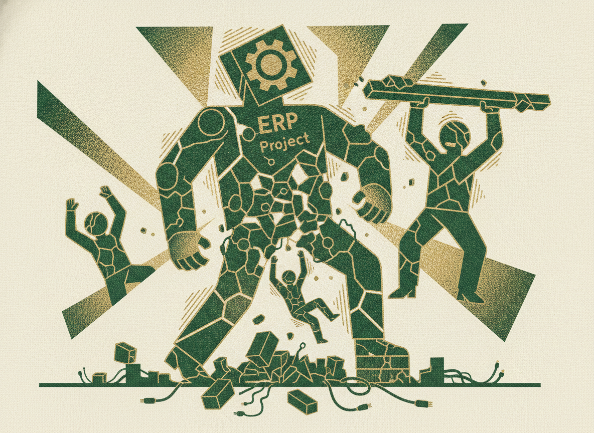 Woodcut illustration representing why so many erp projects fail.