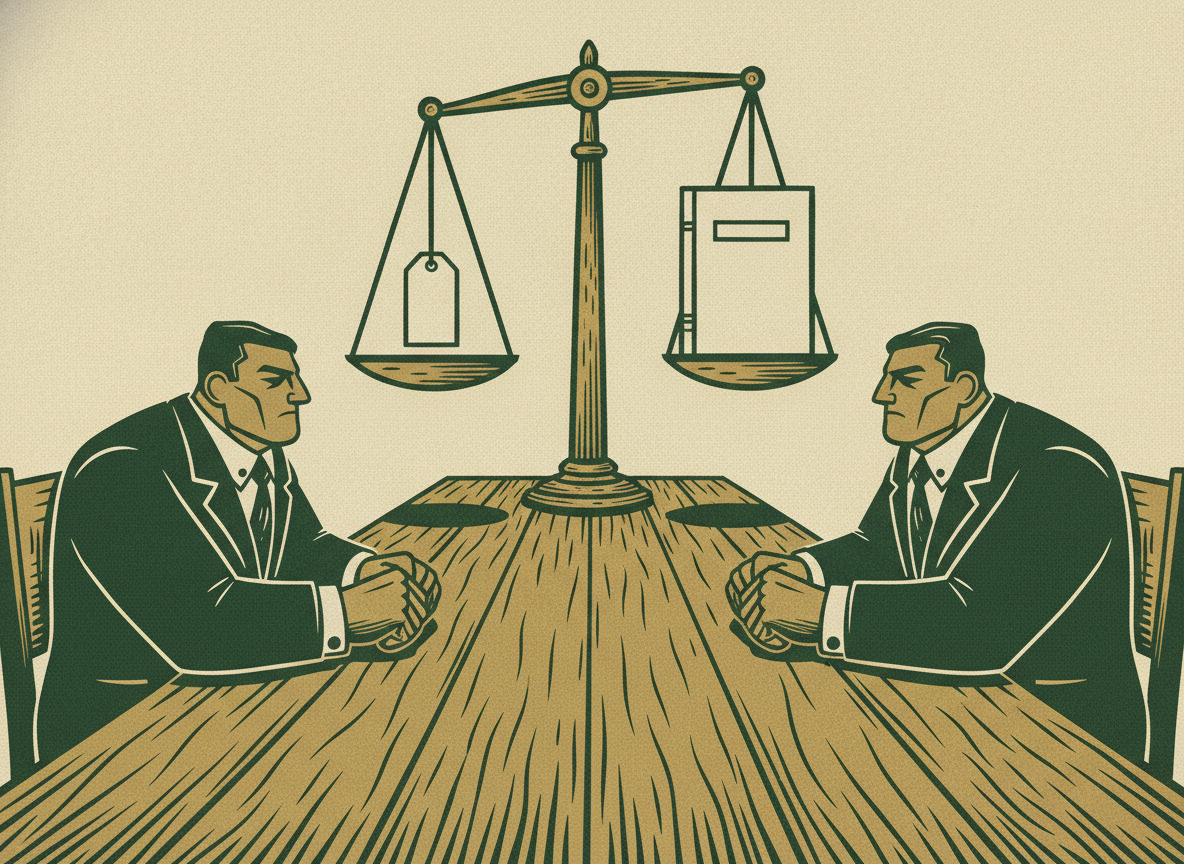 Woodcut of two businessmen at a table with a balance scale weighing a price tag against a bound report