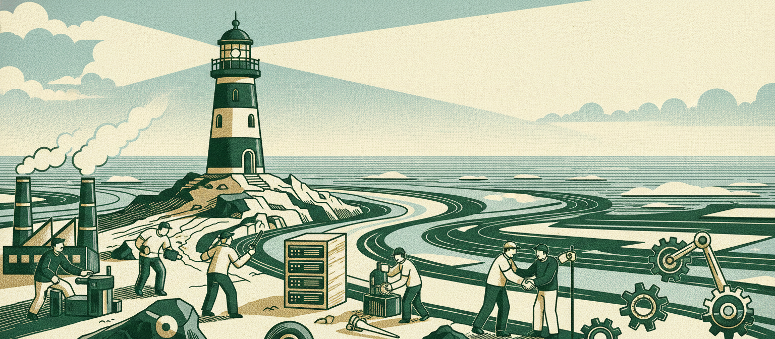 A wide panoramic scene of a steady lighthouse over calm waters under a clearing sky.