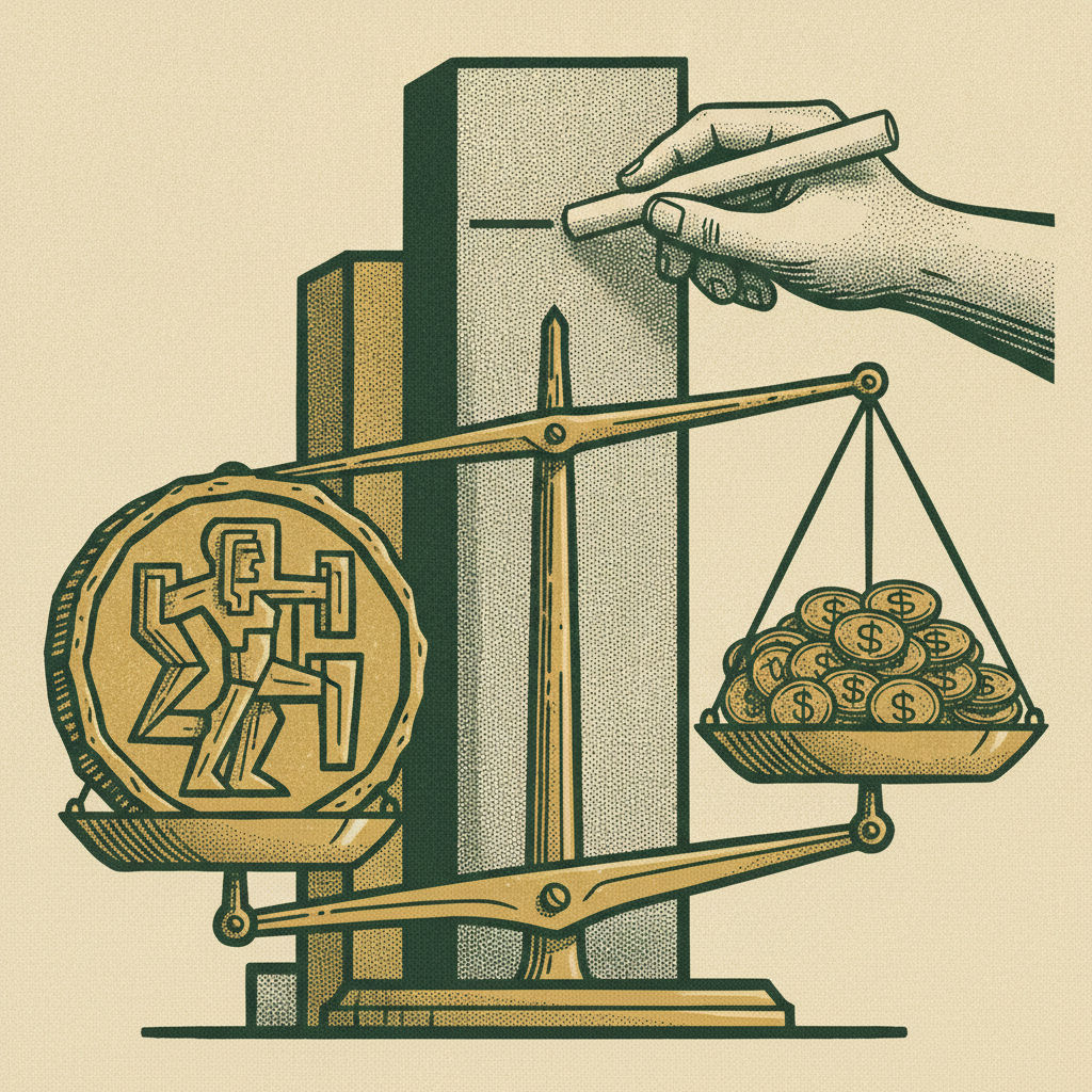 A balance scale weighing one huge coin against many small coins with a warning line on a rising column, showing how much revenue rides on a single customer.
