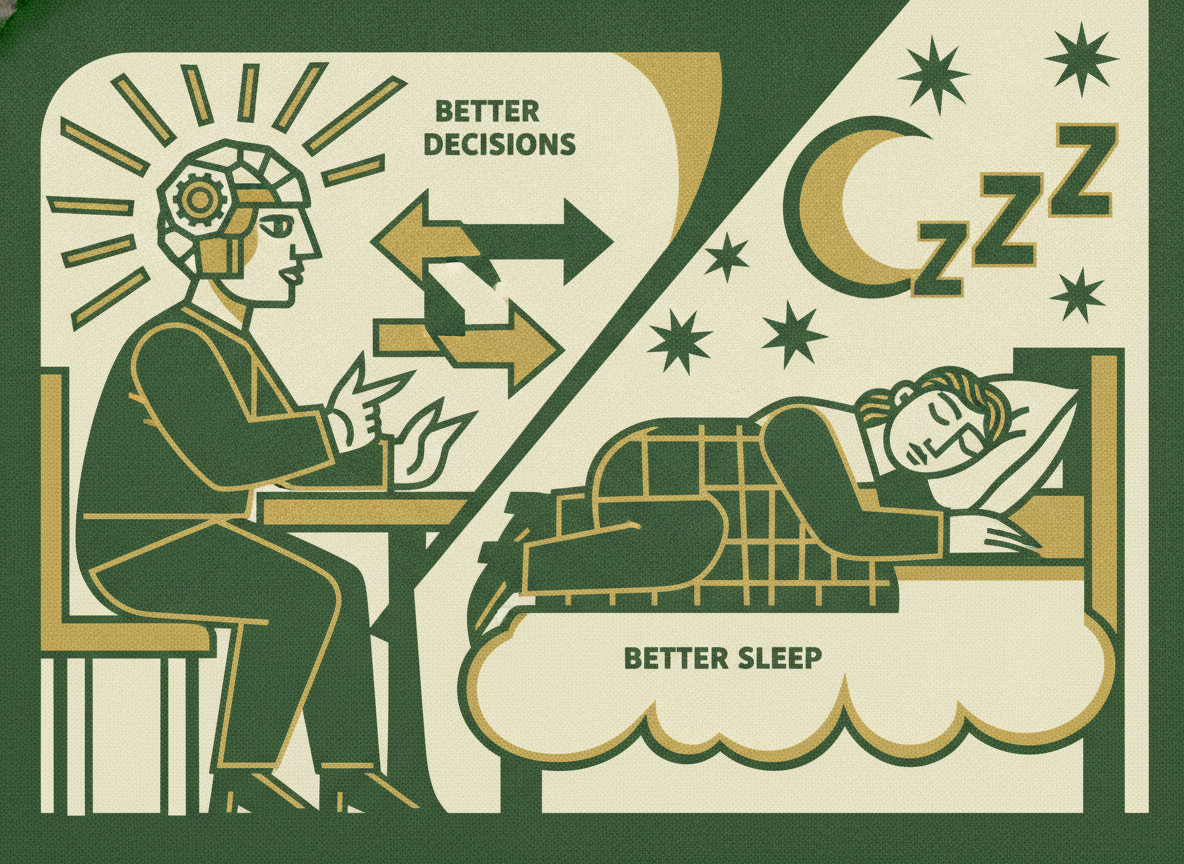 Woodcut illustration representing the payoff: better decisions, better sleep.