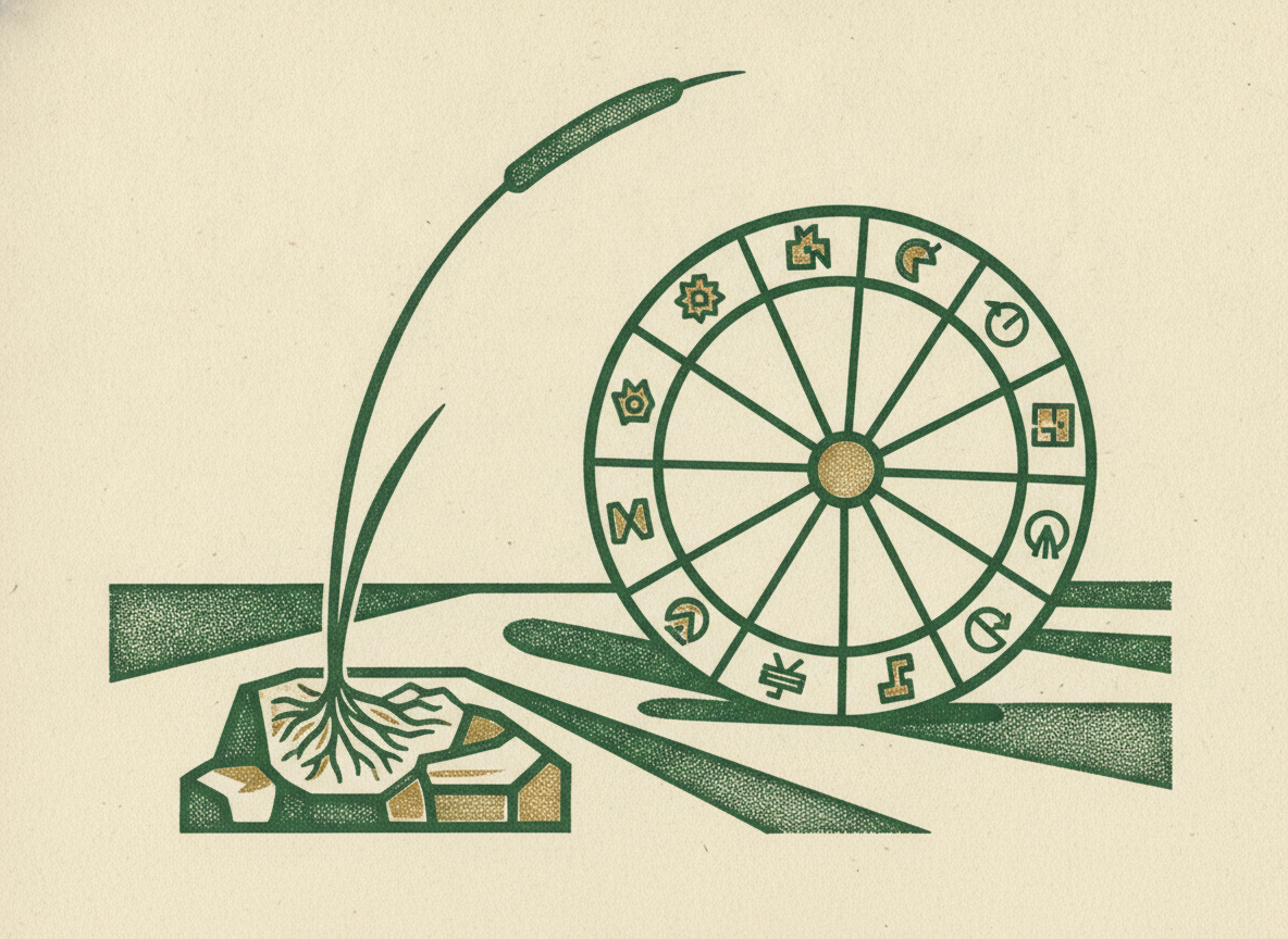 Woodcut of a reed bending in the wind while staying rooted beside a rolling wheel of months.