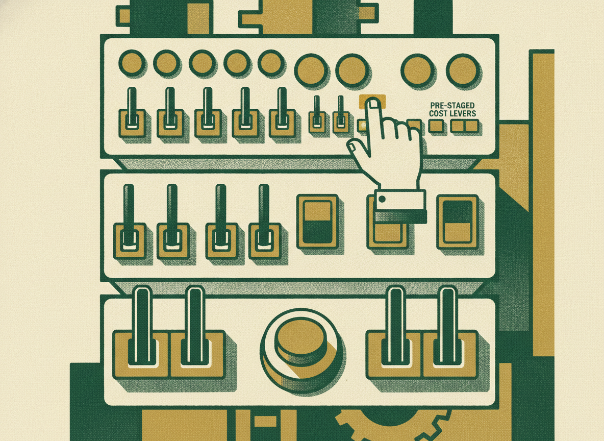 A panel of tiered mechanical levers arranged in three rows symbolizes pre-staged cost levers.