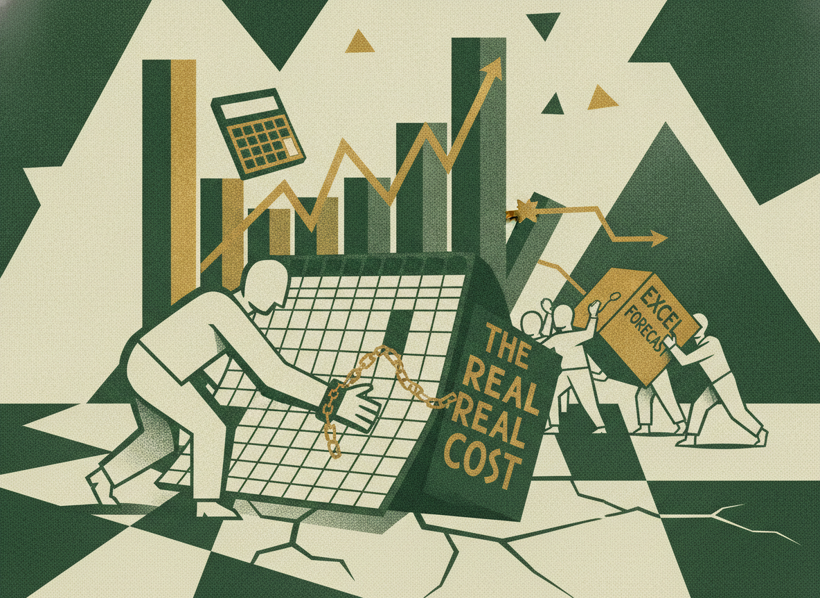 Woodcut illustration representing the real cost of the excel forecast.