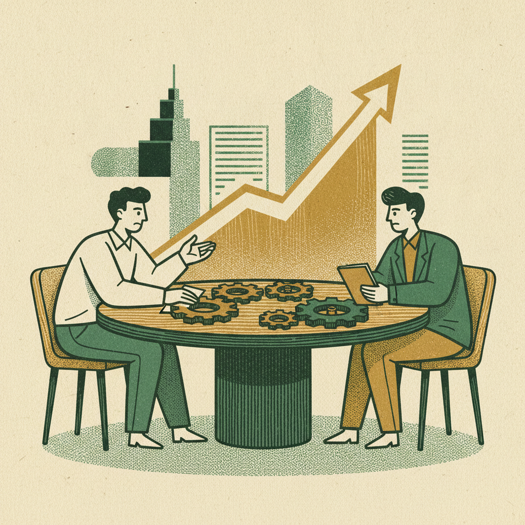 A founder and fractional CFO at a recurring planning table with turning gears and a widening margin line.