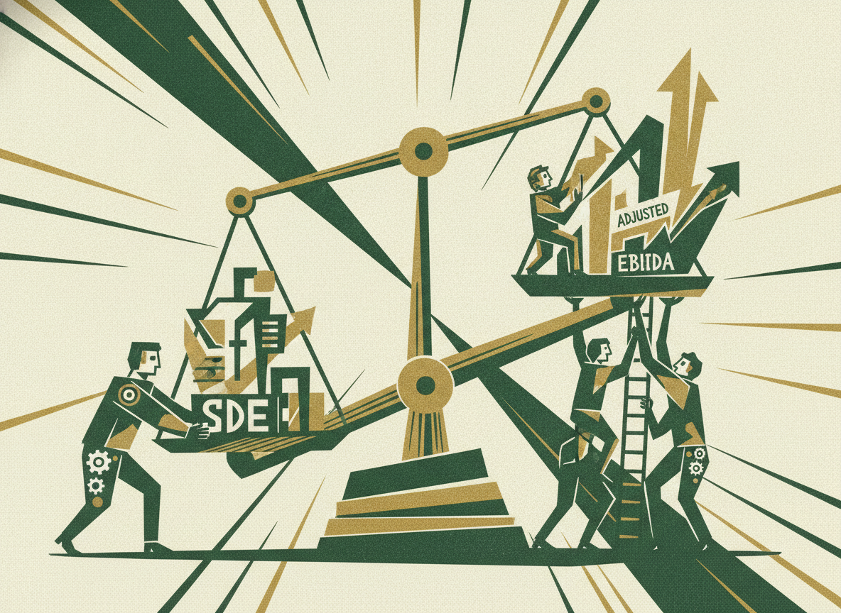 Woodcut illustration representing sde vs. adjusted ebitda.