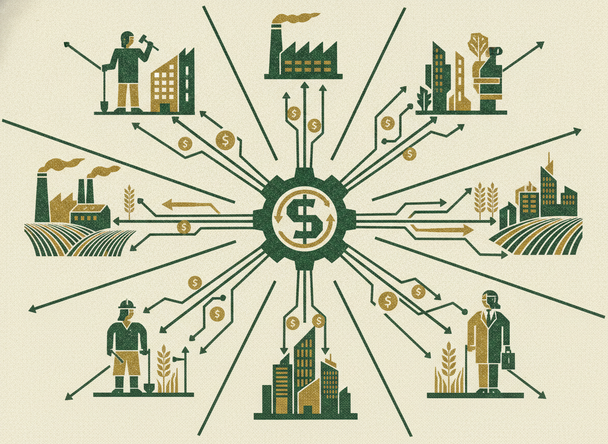 Woodcut illustration representing how net income connects everything.