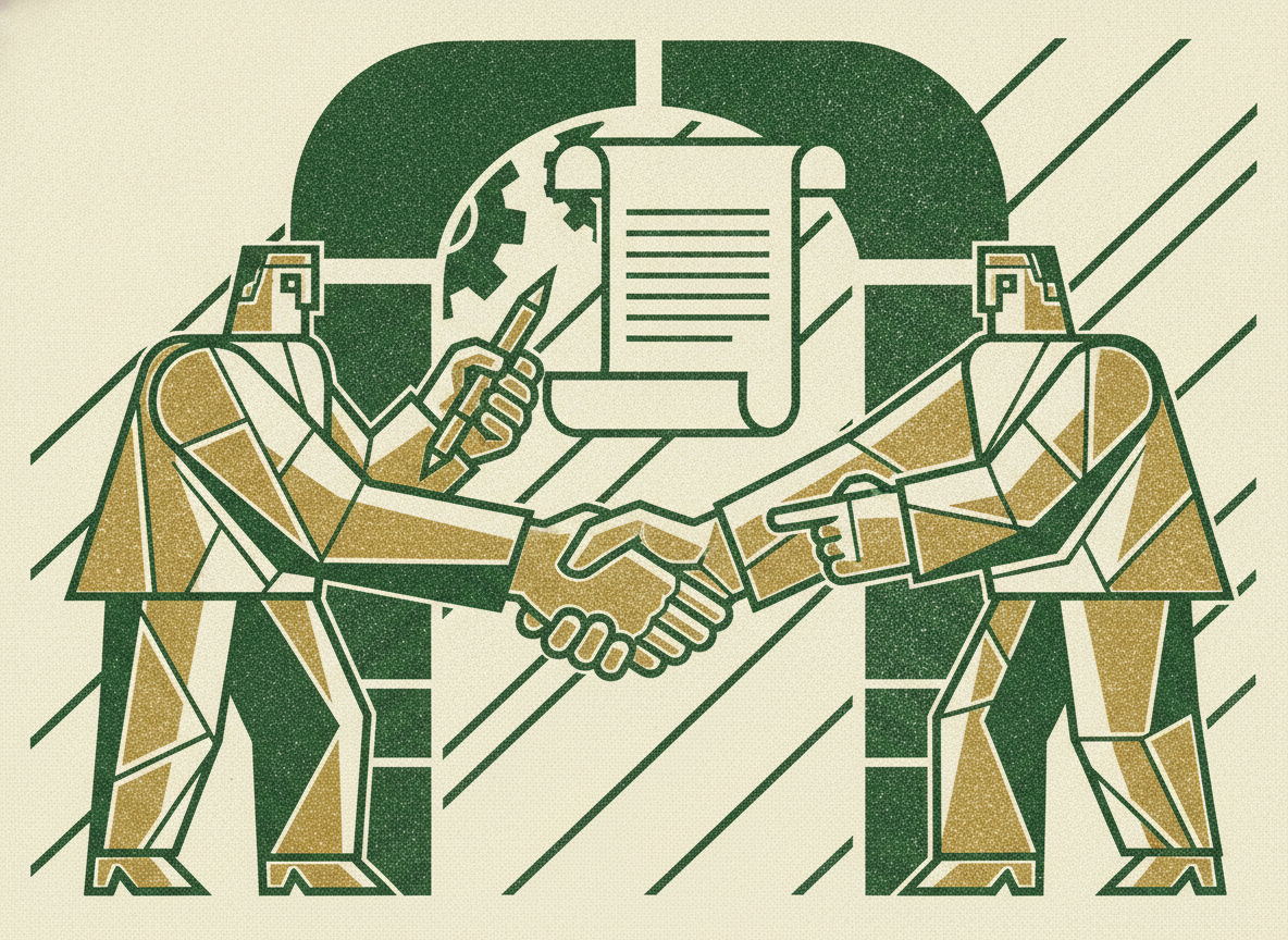 Woodcut illustration representing get it in writing.