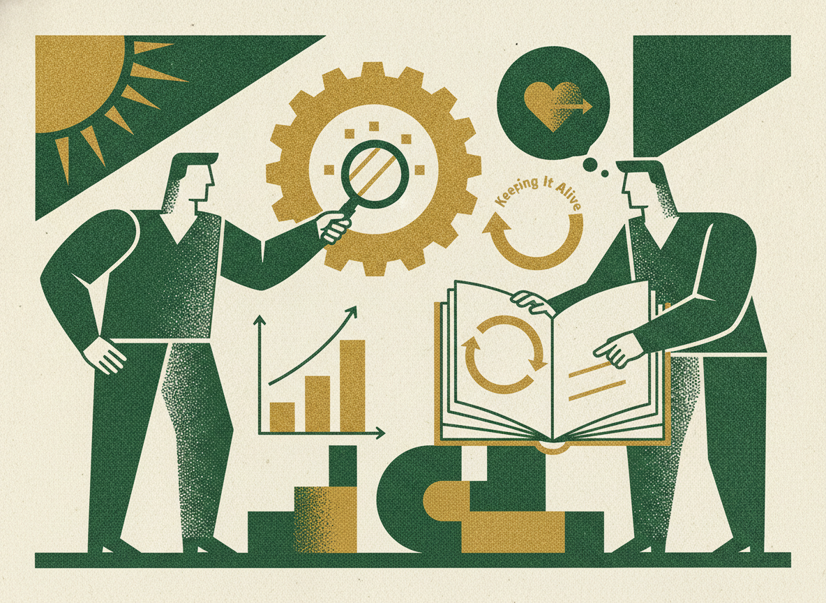 Woodcut illustration representing keeping it alive: monitoring and review.