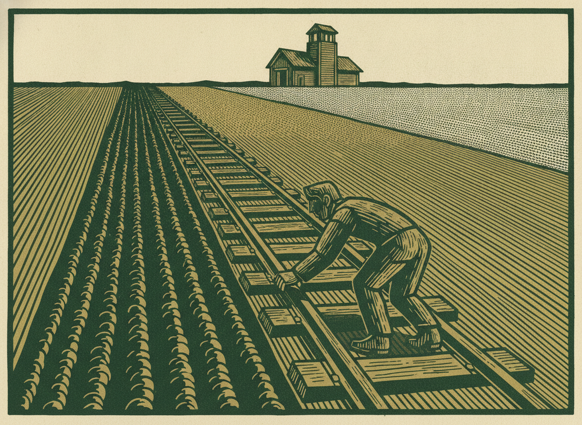 A carved owner laying a long straight track across three fields toward a distant depot, each field tilled a little more finely than the last.
