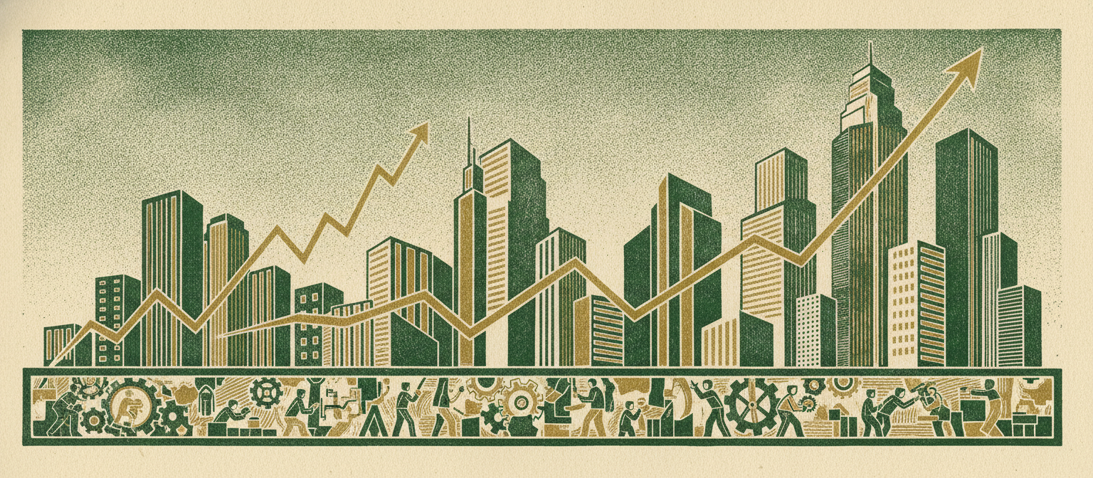 A wide frieze of stylized company skylines at different heights connected by a rising valuation curve.