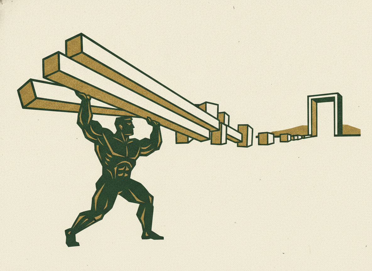 A founder raising support beams ahead of a distant deal doorway, showing valuation signals built well before a sale.