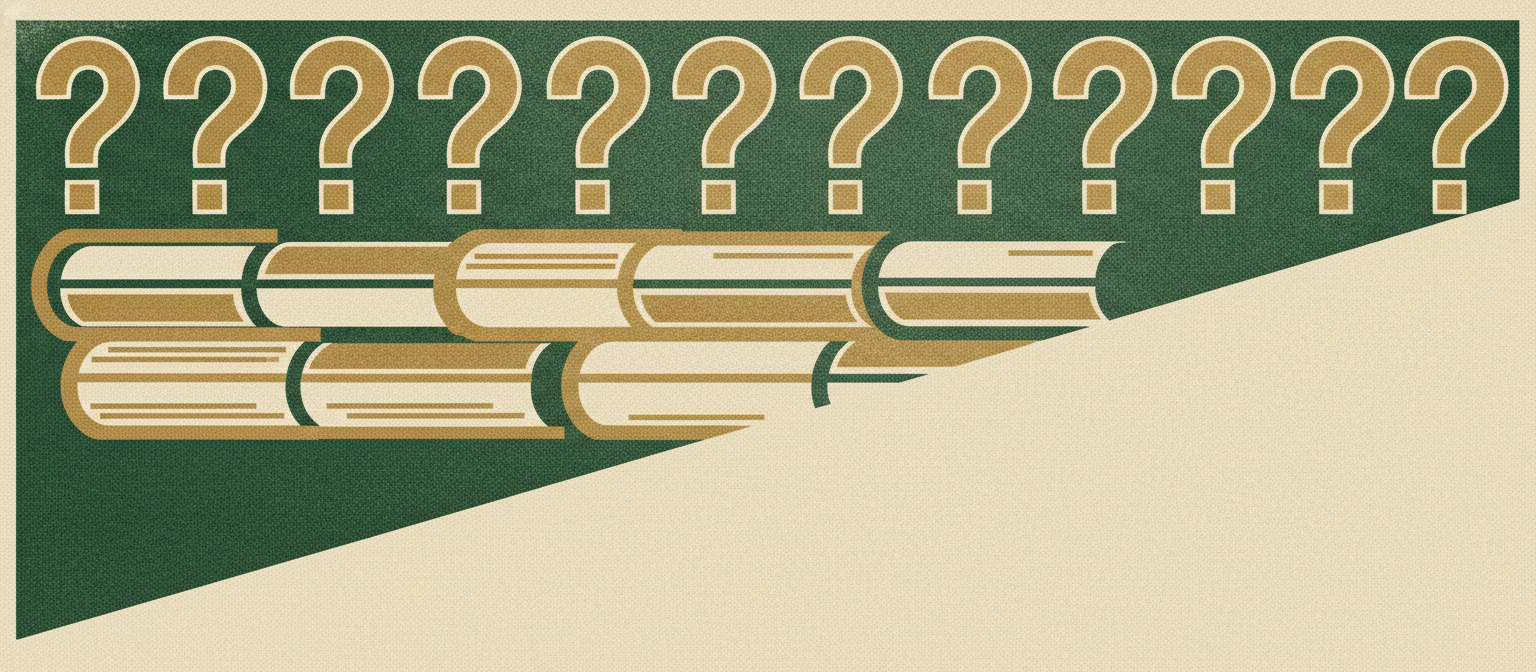 A woodcut row of question marks over ledgers, introducing frequently asked questions about pricing and cash.