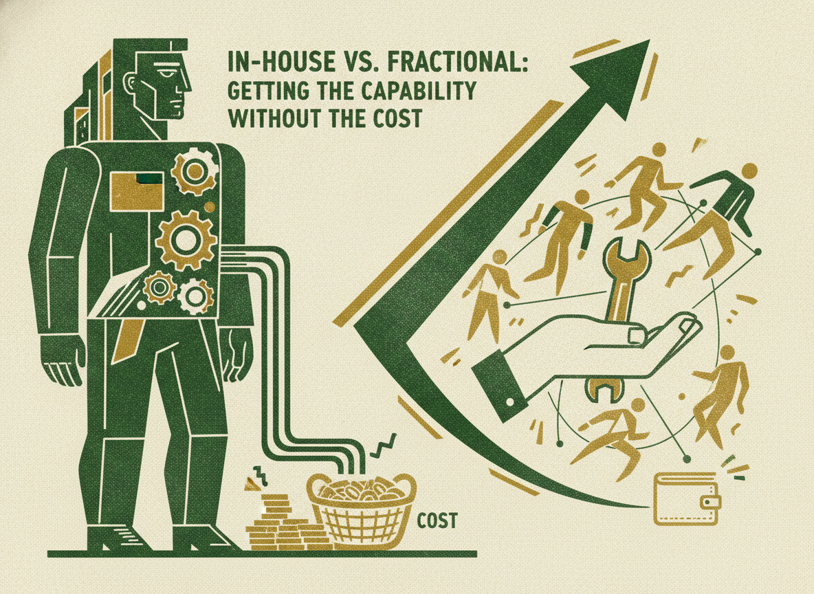 Woodcut illustration representing in-house vs fractional: getting the capability without the cost.