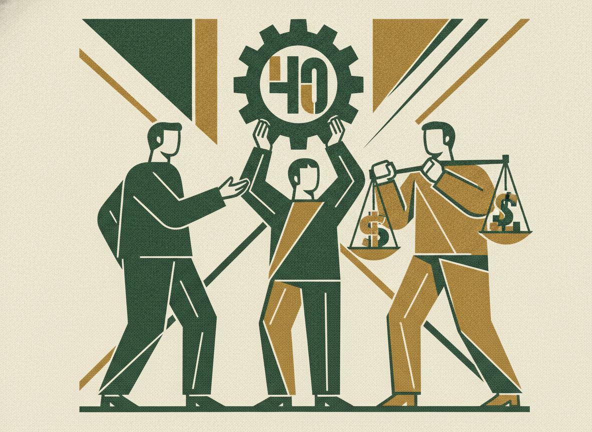 Woodcut illustration representing the rule of 40 and what the market pays.