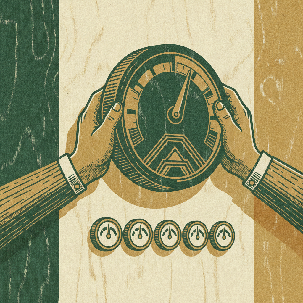 A carved scene of an oversized growth gauge being swapped on a wall for a row of smaller precise efficiency dials.
