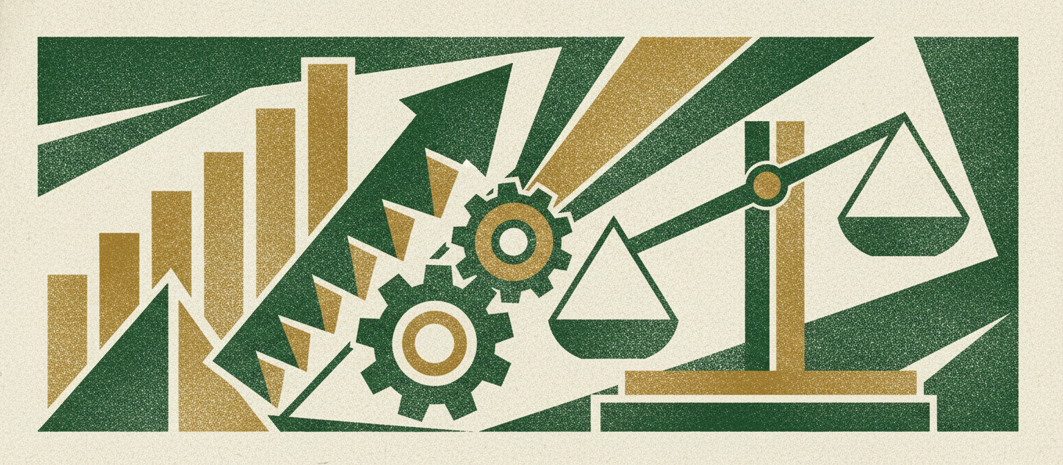 Wide woodcut finance frieze section divider.