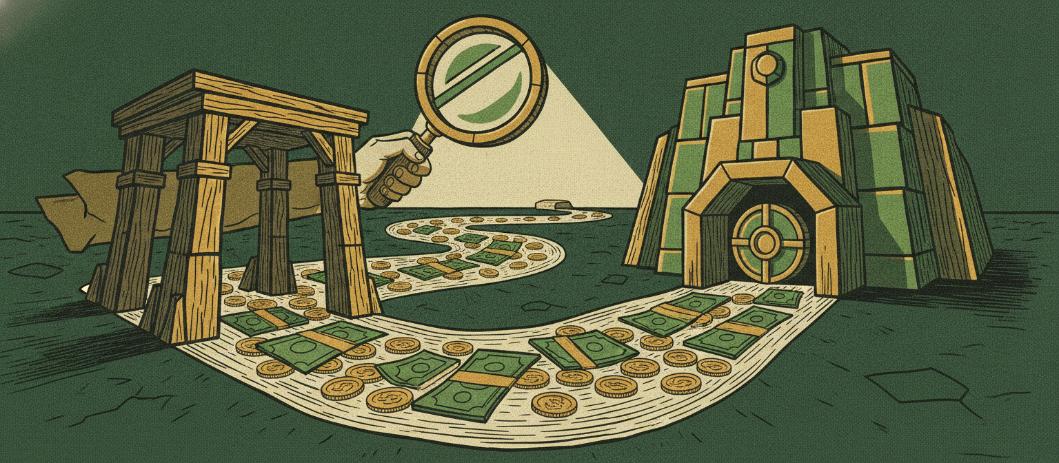 Woodcut banner of a river of coins flowing through a checkpoint gate toward a strongroom under a lens