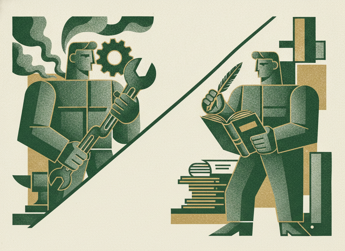 Woodcut illustration representing two different jobs, often confused.