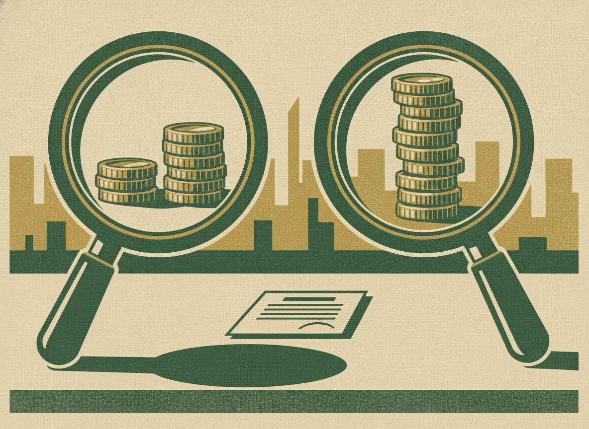 Two magnifying lenses over a single document, one showing a short stack of coins and the other a tall stack, the same company valued two different ways.