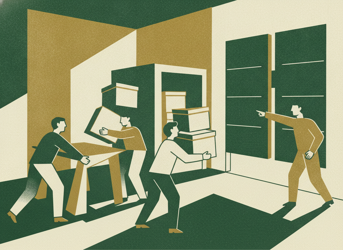 Woodcut illustration representing organizing the room to pass diligence faster.