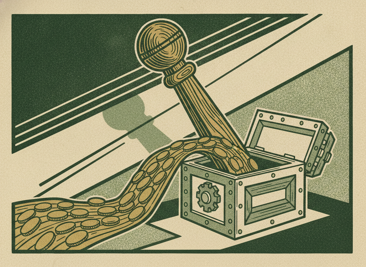 A carved lever pouring coins into a vault, showing price as the highest leverage input to cash.