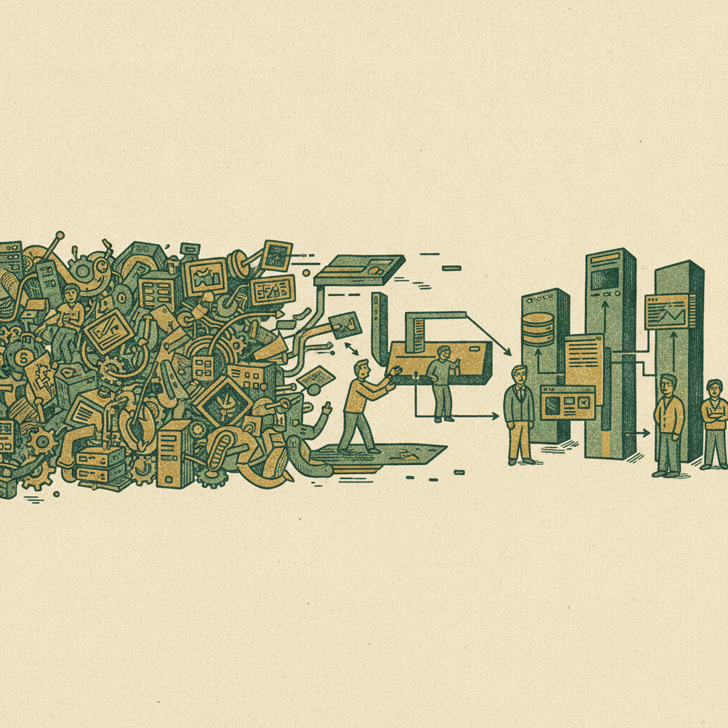Woodcut panorama of a tangled sprawl of tools simplifying into a lean set of three integrated systems, showing consolidating a bloated finance stack.