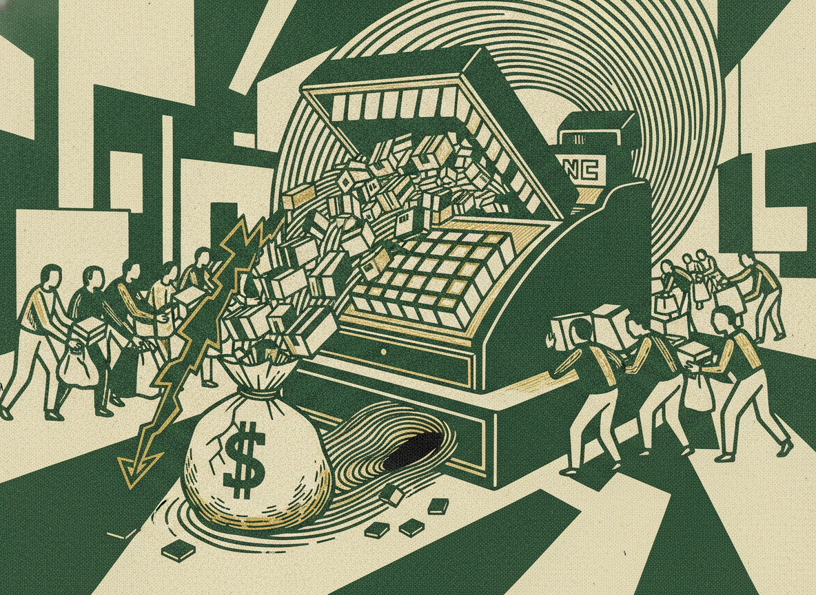 Woodcut illustration representing returns are the e-commerce cash trap.