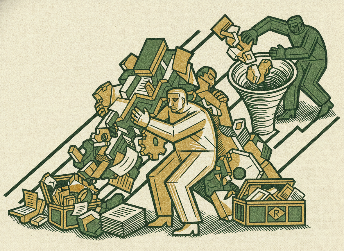 Woodcut illustration representing the over-insurance and waste problem.