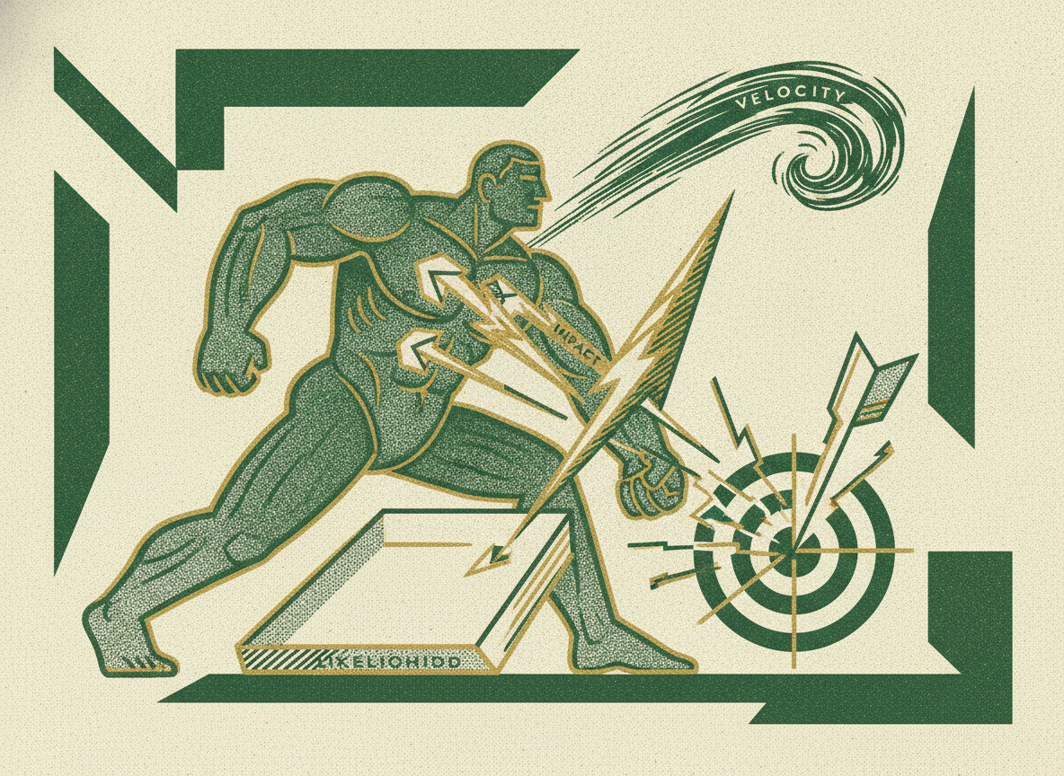 Woodcut illustration representing scoring risks: likelihood, impact, and velocity.