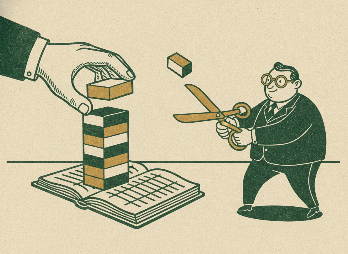A hand stacking solid blocks on an open ledger while an accountant trims one floating block with shears, showing legitimate add-backs versus aggressive ones.