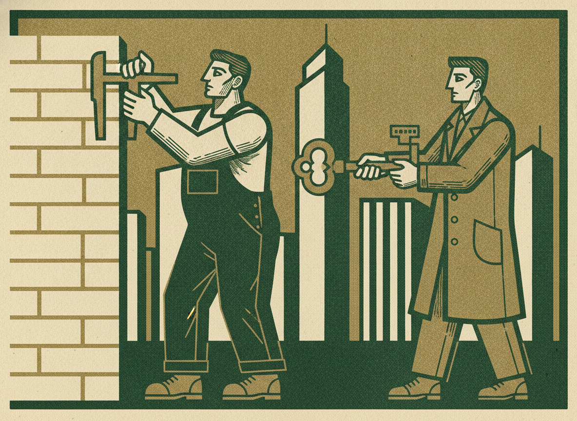 A worker building a tall solid brick wall with calipers while another figure hands over a large key, showing normalized earnings a buyer can rely on.