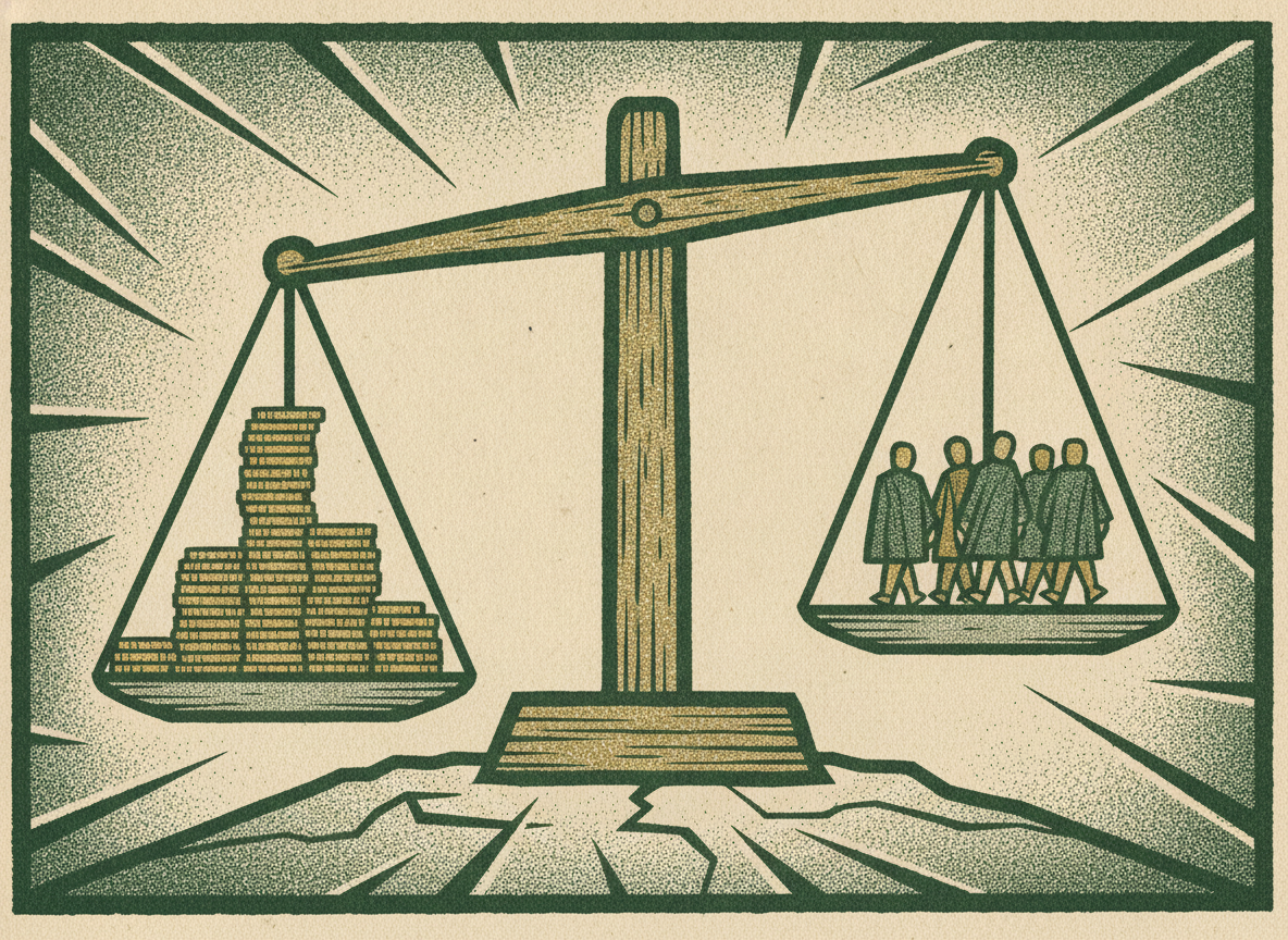 A balance scale weighing stacked coins against departing customers, the margin and churn trade off.
