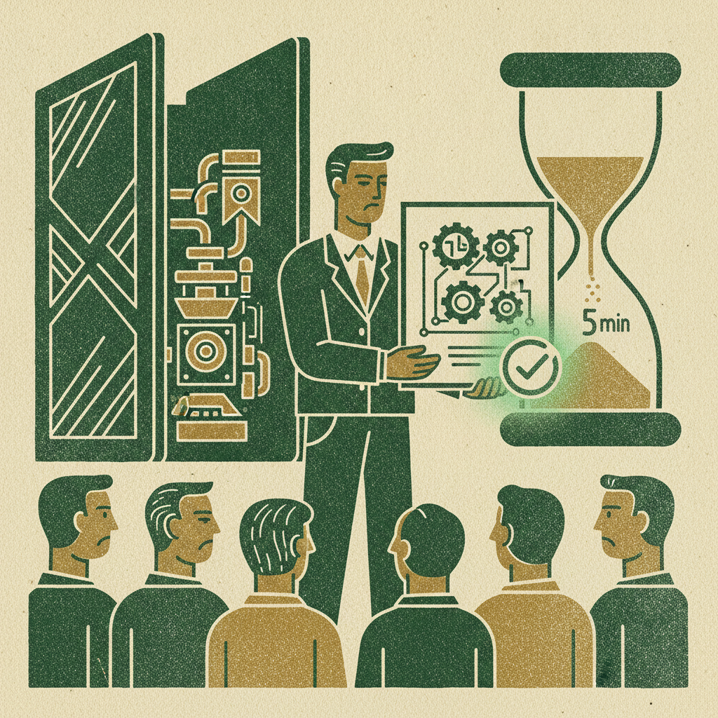 A founder presenting one clean exhibit to a board beside a five-minute sandglass and a green integrity seal, showing an integrity-checked model presented in five minutes.