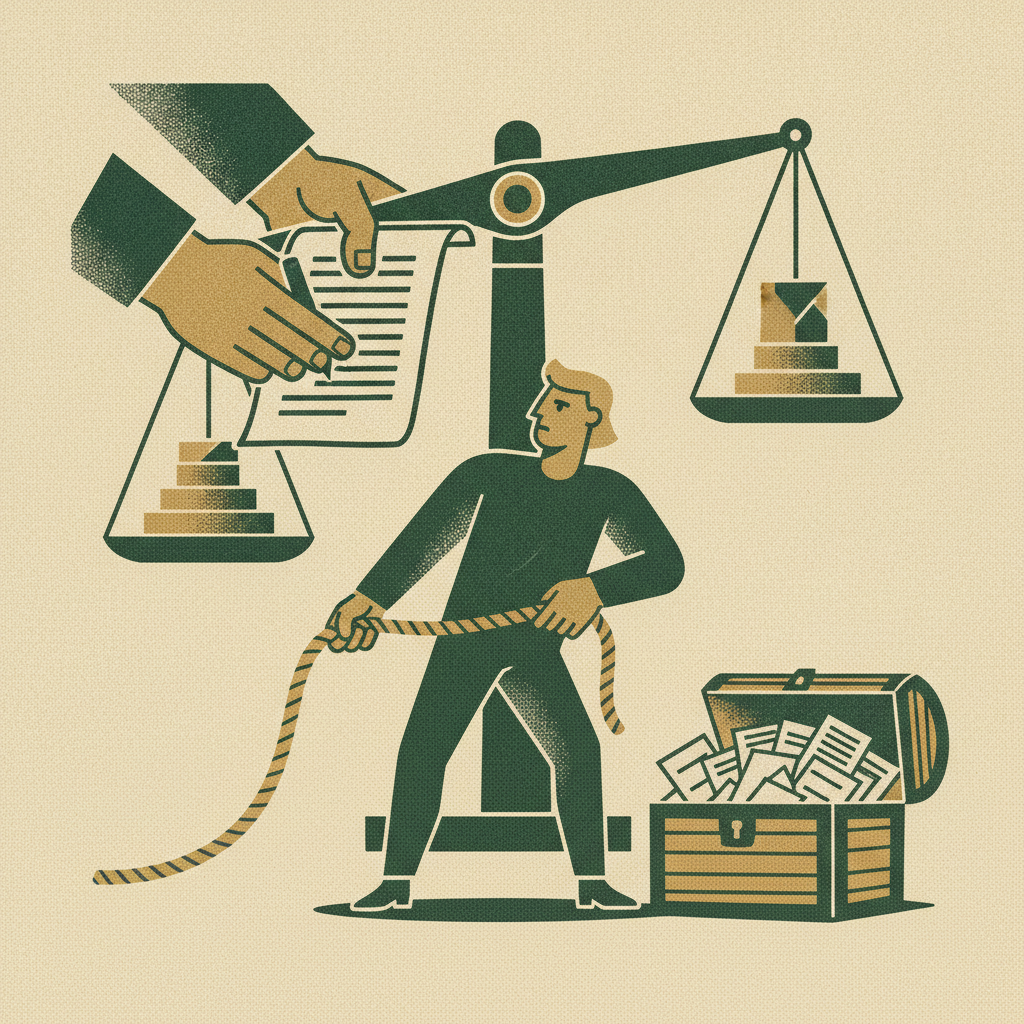 A handshake over a term sheet while a founder holds a balance scale level, showing closing the round without surrendering leverage.