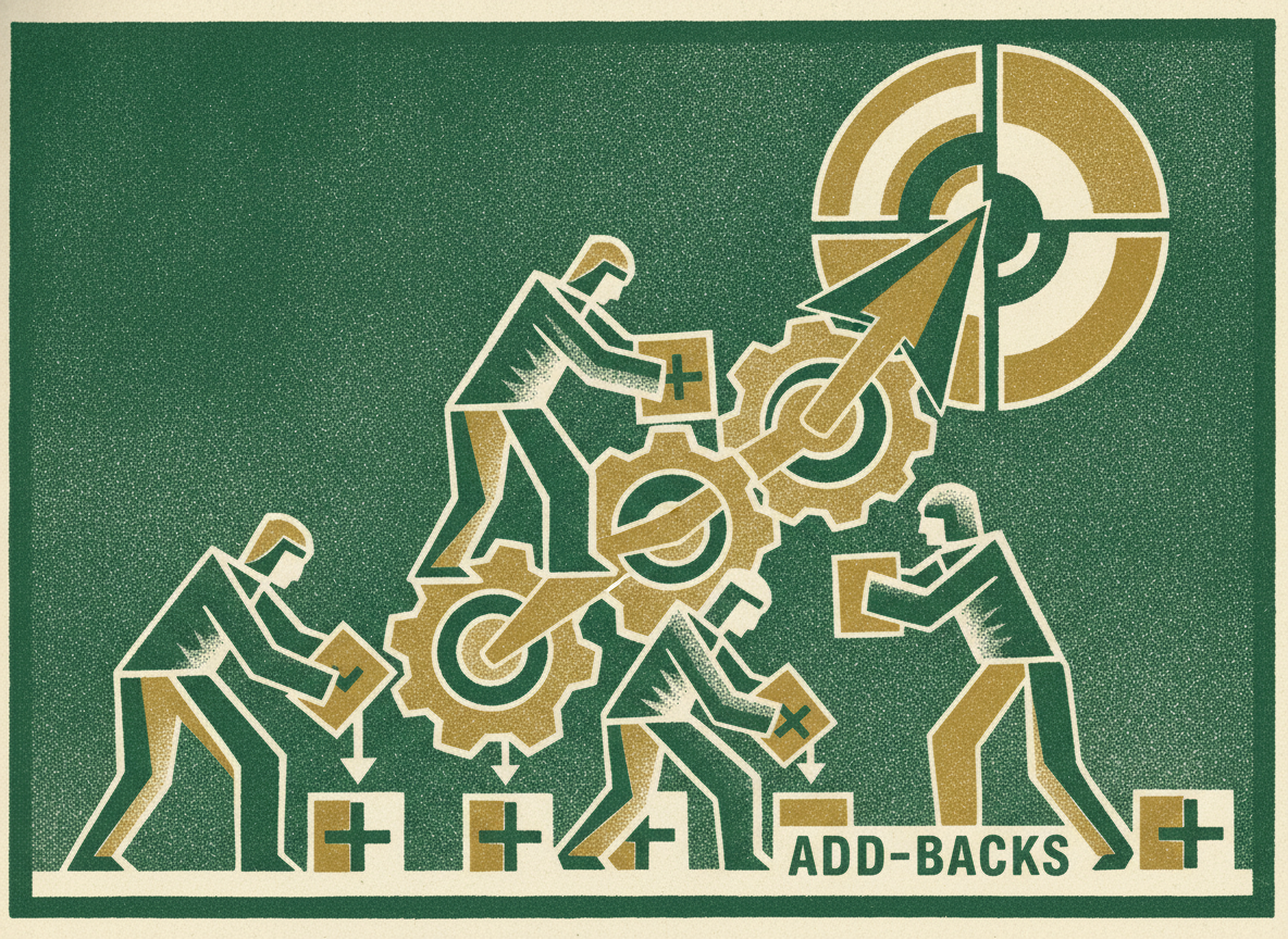 Woodcut illustration representing the add-backs that build the number.