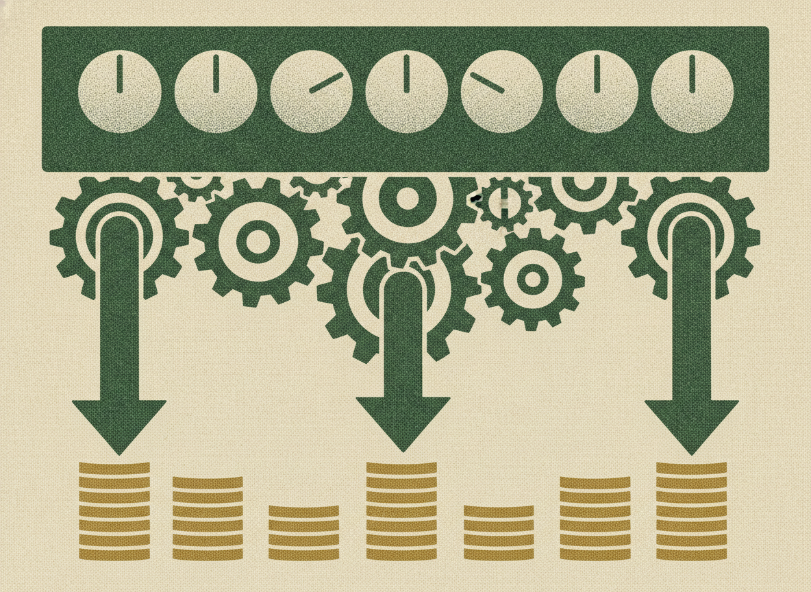 A three-tier structure of input dials, interlocking gears, and coin stacks with arrows flowing downward, showing a model structured for monthly updates.
