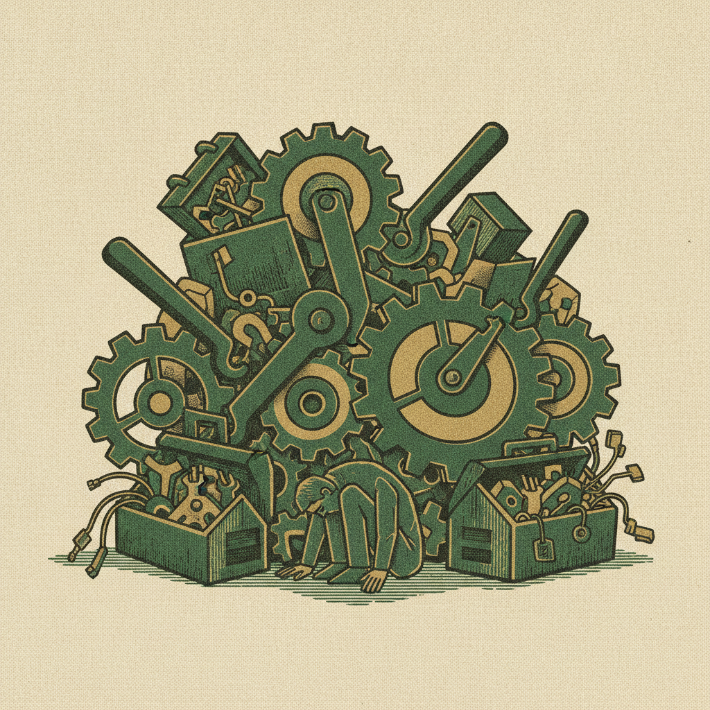 A small figure tangled beneath a toppling pile of oversized cogs and disconnected tools, depicting the trap of too many AI tools without governance.