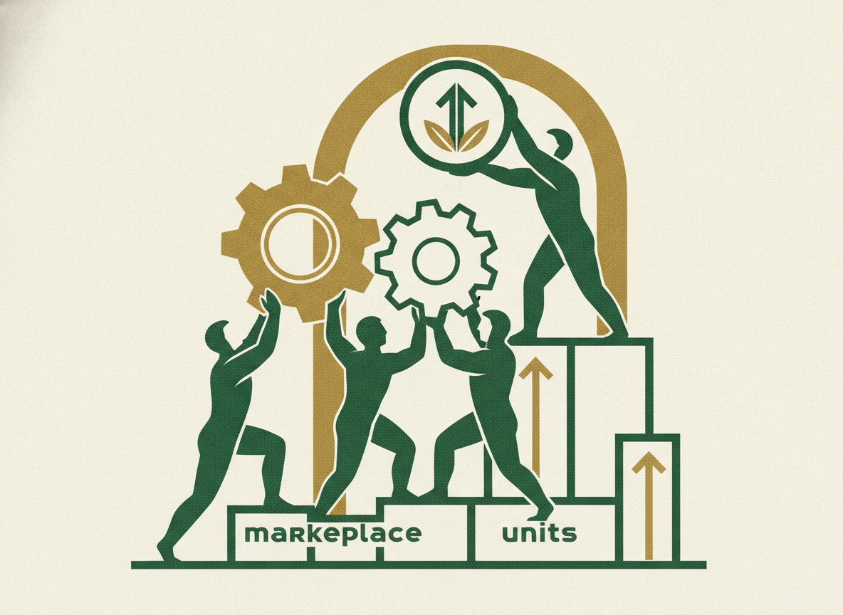 Woodcut illustration representing building sustainable marketplace unit economics.