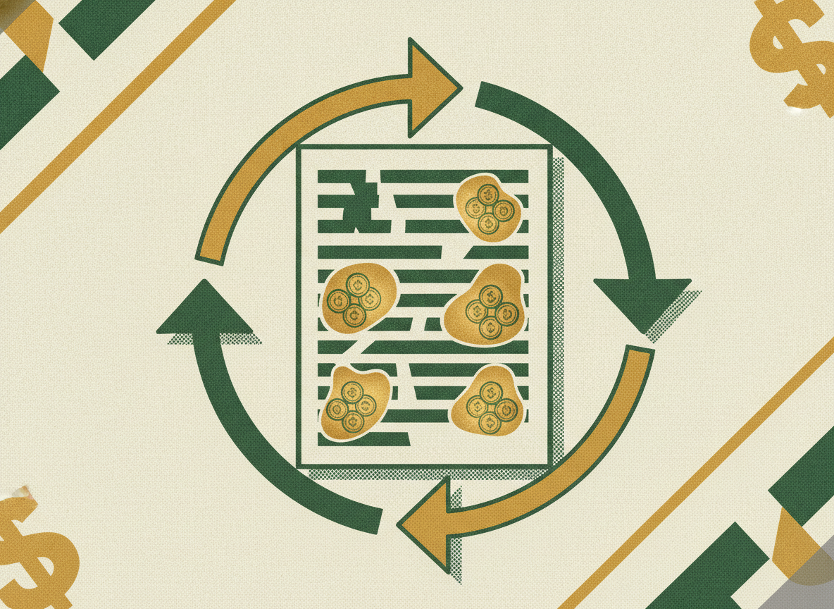 A balance sheet with pockets of trapped coins between line items and a looping cycle arrow.