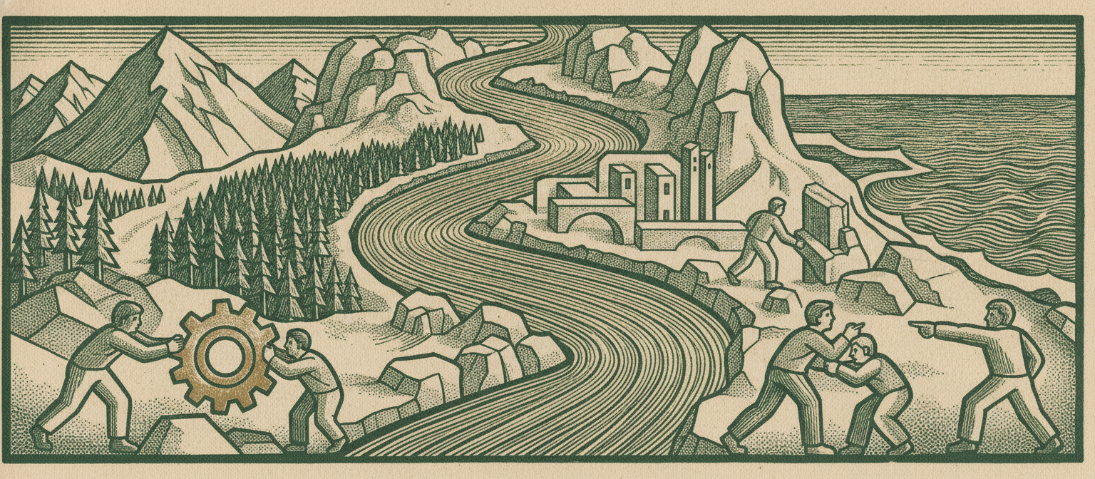 Woodcut banner of a river flowing around rocks through changing terrain.