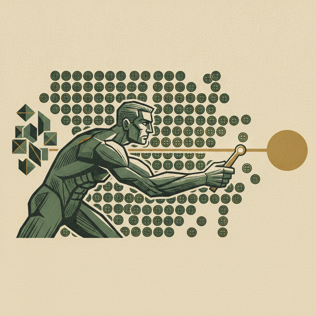 Woodcut of a founder reaching past a wall of buttons to pull one illuminated lever with a clean path from data to decision, showing choosing tools by decisions enabled not features owned.