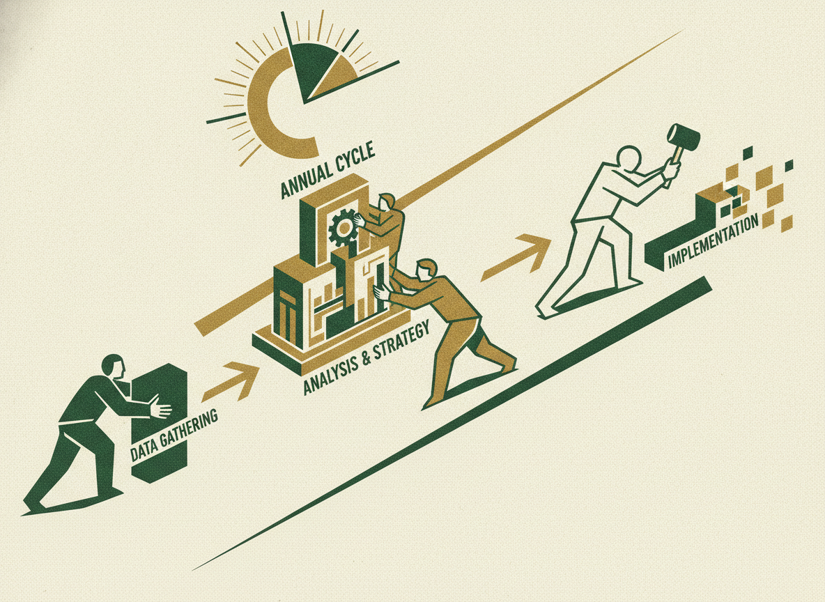 Woodcut illustration representing the annual pricing review, step by step.