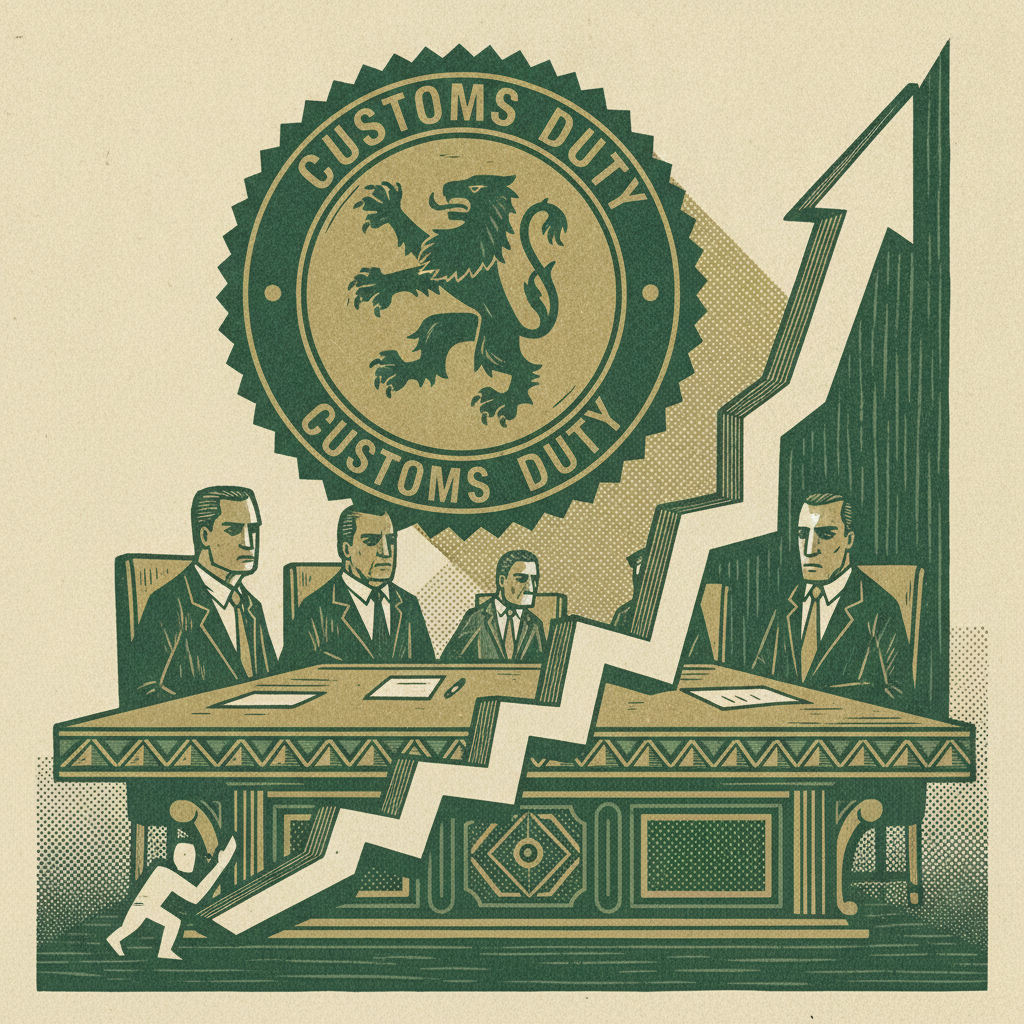 A carved boardroom scene where a rising cost curve and a customs duty seal turn tariffs into a board level concern.
