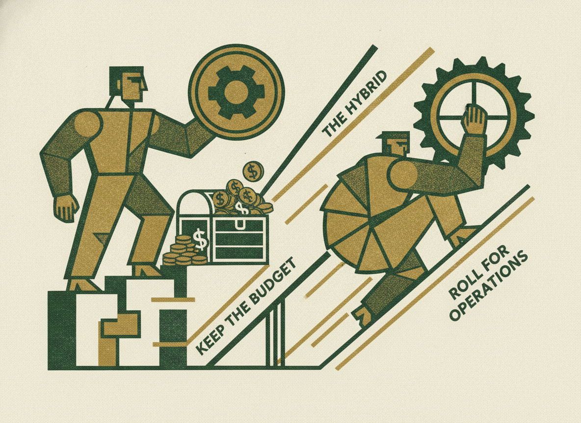Woodcut illustration representing the hybrid: keep the budget for the board, roll for operations.